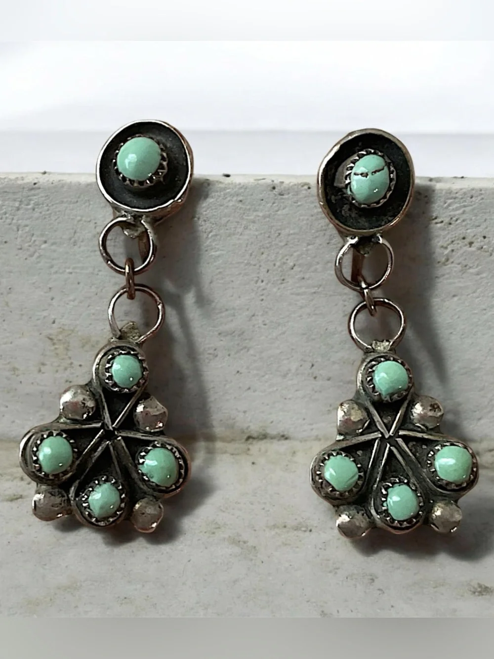 Vintage Sterling Silver Native American Turquoise Dangle Screw Back Earrings